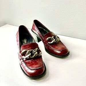Nila & Nila Burgundy Croc-Embossed Loafers Chain Detail Block Heel EU 38 Italy